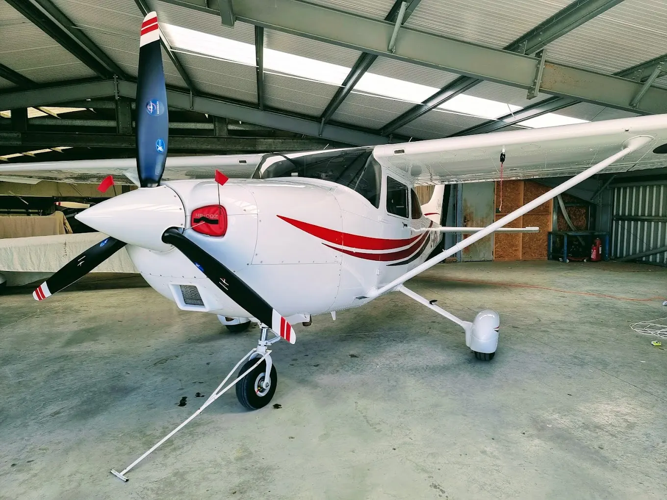 Cessna 172 inside a hangar after detailing