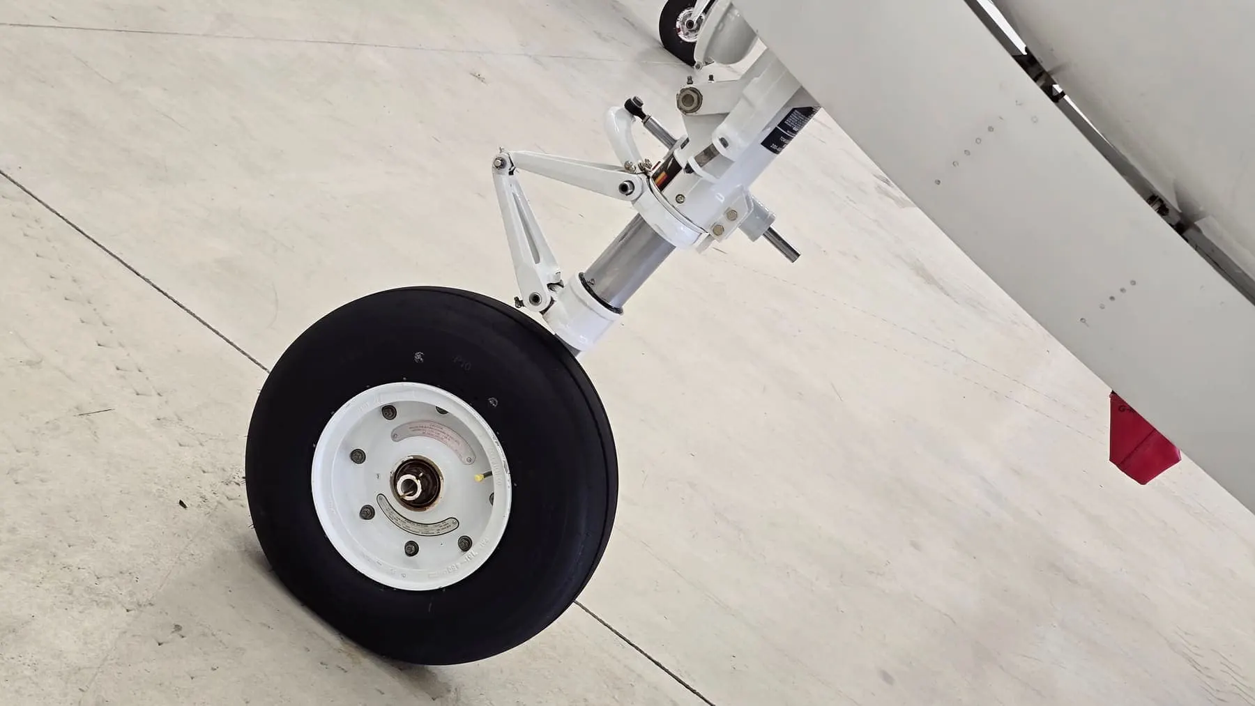 Nose gear and wheel viewed from beneath a clean fuselage